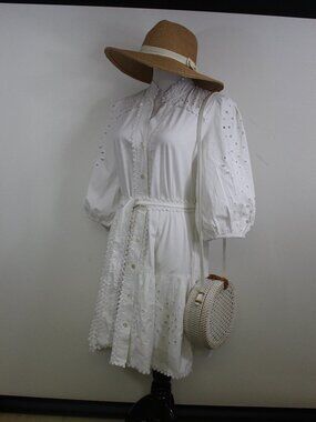 Christian Lacroix White Eyelet Tie Waist Dress NWT XS Romantic Boho